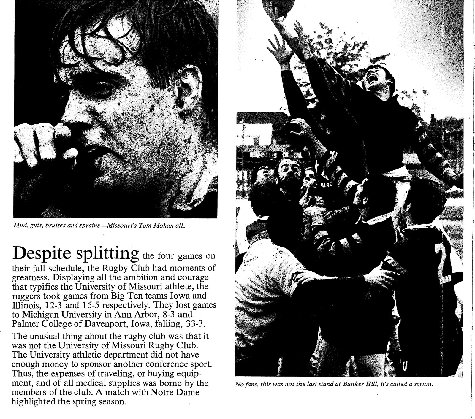 Scan of the 1970 Savitar yearbook rugby page, headed Despite splitting, with the Tom Mohan and line out photographs