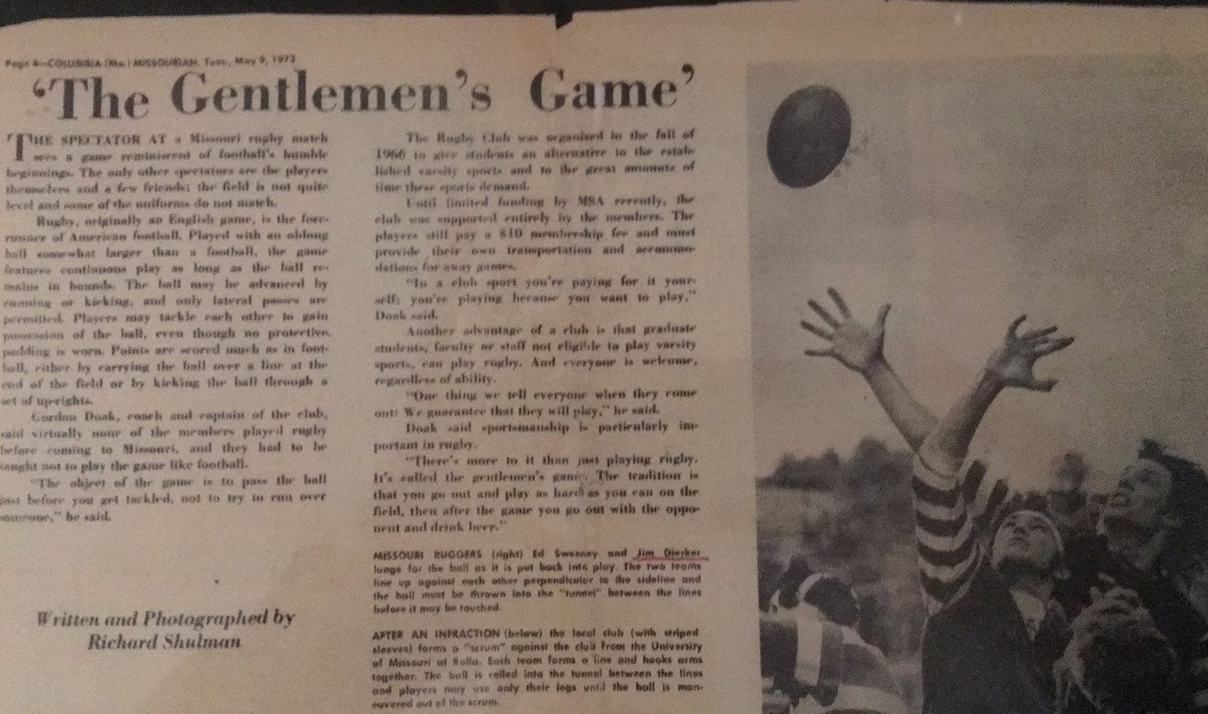 Columbia Missourian feature headlined The Gentlemen's Game, May 9, 1972, with a photograph of Missouri ruggers reaching for the ball at a lineout