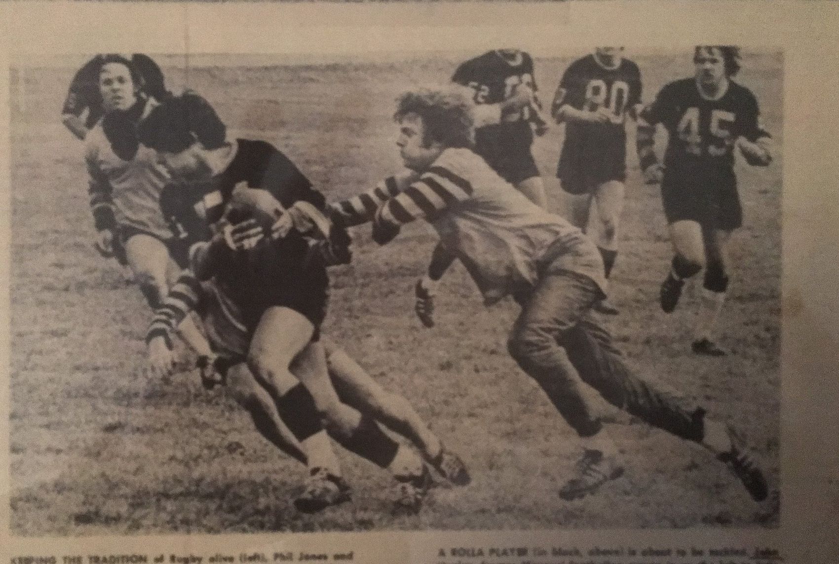 Two Columbia Missourian photographs from 1972: a Rolla player about to be tackled, and Missouri players relaxing at a beer keg after the match