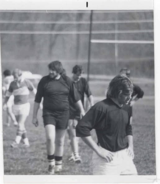 Black and white photograph of Mizzou players on the pitch in the early 1970s