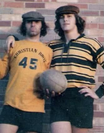 Gus Hoelscher and Dave Ostrander in Mizzou rugby kit, about 1973 to 1974