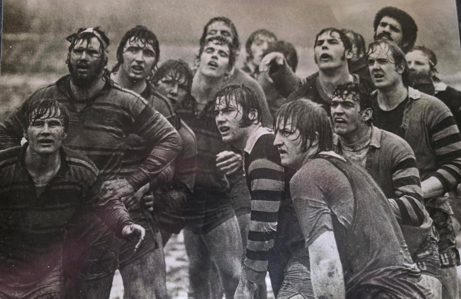 Mud-covered Missouri and opposition forwards waiting in the mud for the call at a line out on a wet afternoon in 1974, John Tarpoff in striped sleeves at front right of center