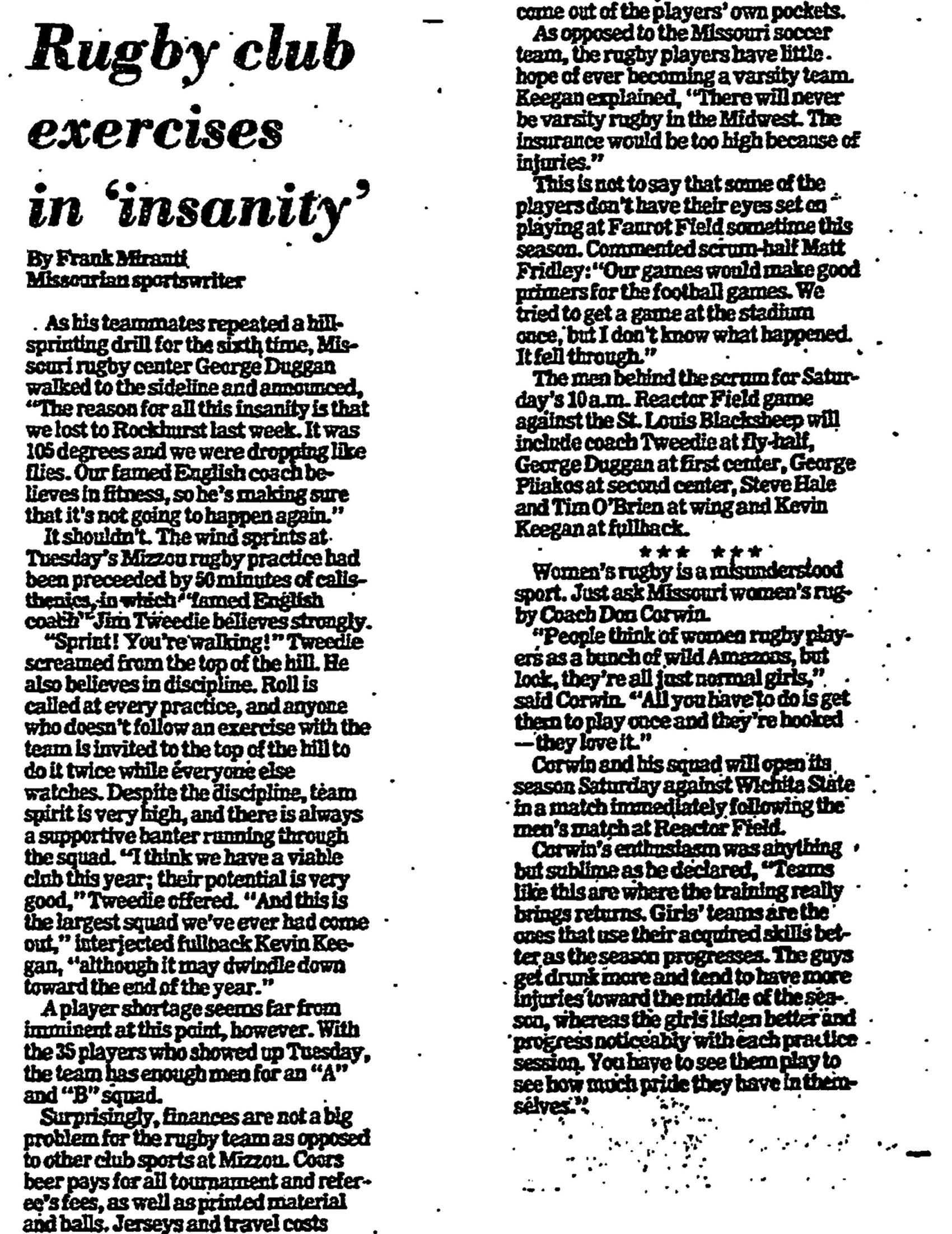Columbia Missourian clipping headlined Rugby club exercises in insanity, by Frank Miranti, reporting on a Mizzou rugby practice under coach Jim Tweedie
