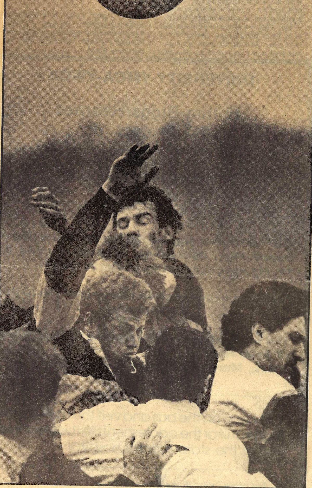 John Darnold and Warren Stemme rise for a lineout ball with their eyes closed, against Springfield in 1984