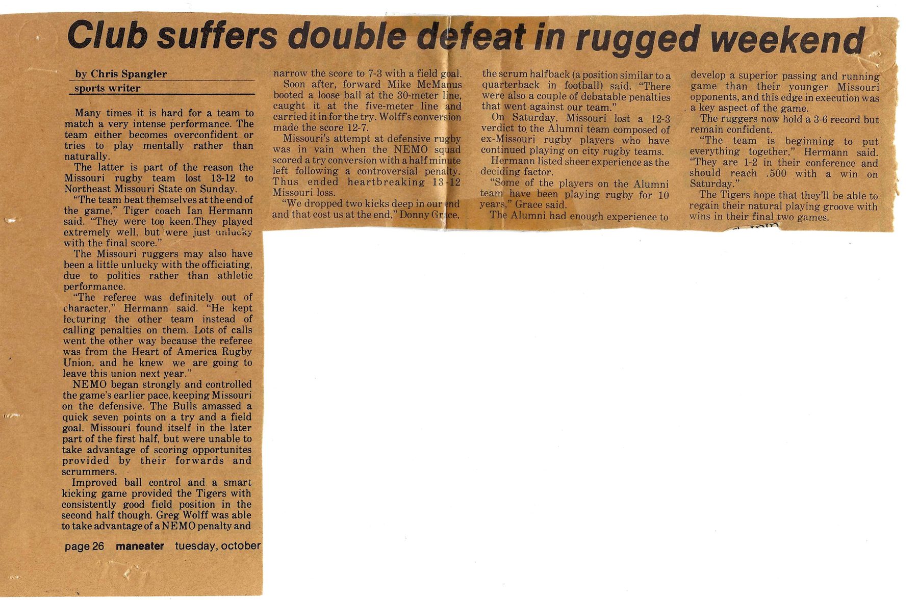 Maneater clipping headlined Club suffers double defeat in rugged weekend, October 1983