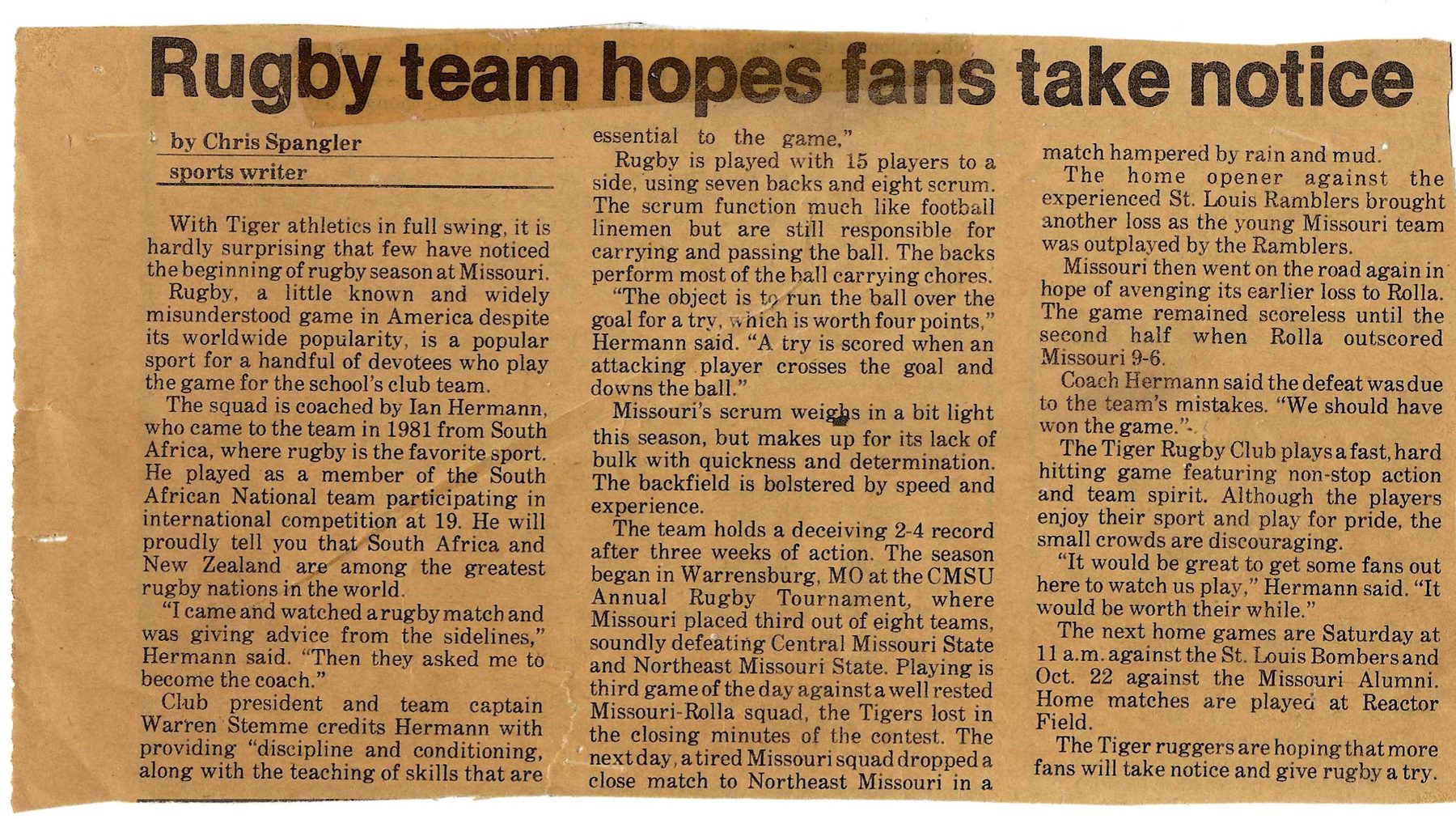 Maneater clipping headlined Rugby team hopes fans take notice, October 1983