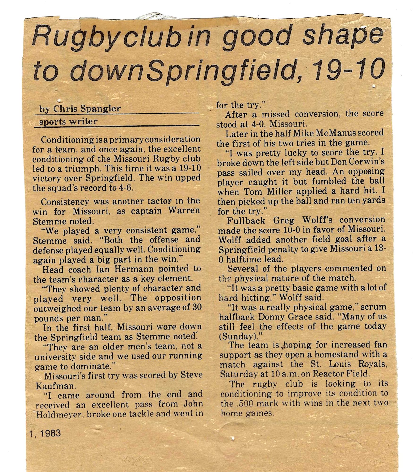 Maneater clipping headlined Rugby club in good shape to down Springfield, 19-10, November 1, 1983