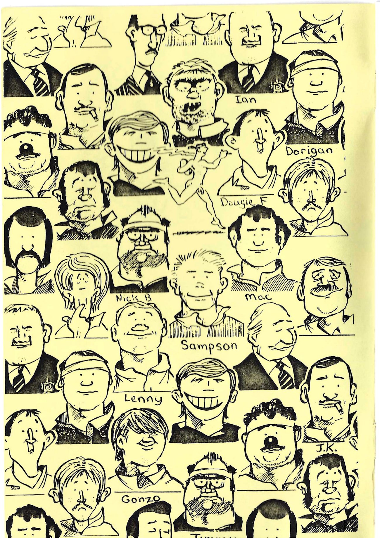 Page of hand-drawn caricature portraits of Missouri rugby club members, several labeled with nicknames