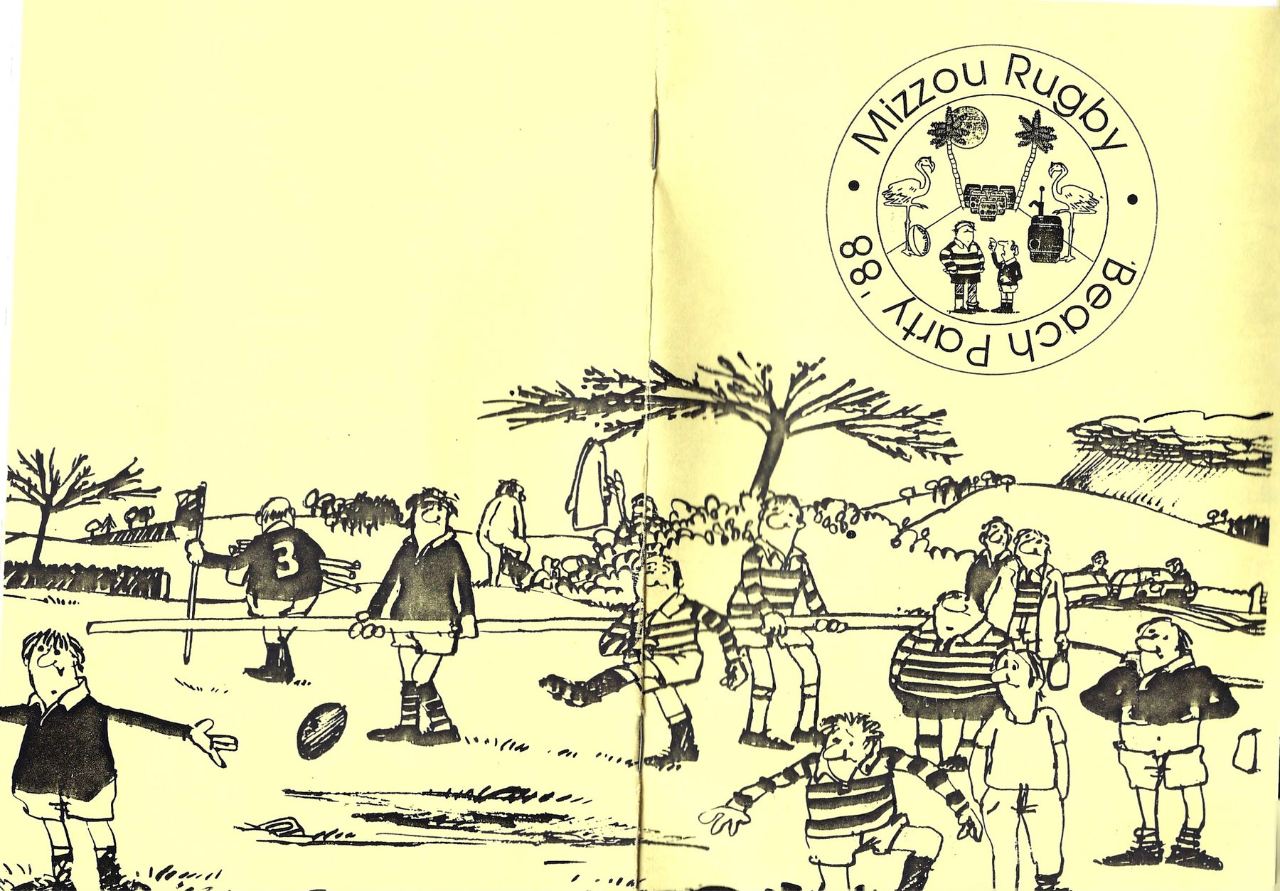 Cover of the Mizzou Rugby Beach Party 88 program, a cartoon touchline scene with a circular Beach Party crest of palm trees, flamingos and a keg