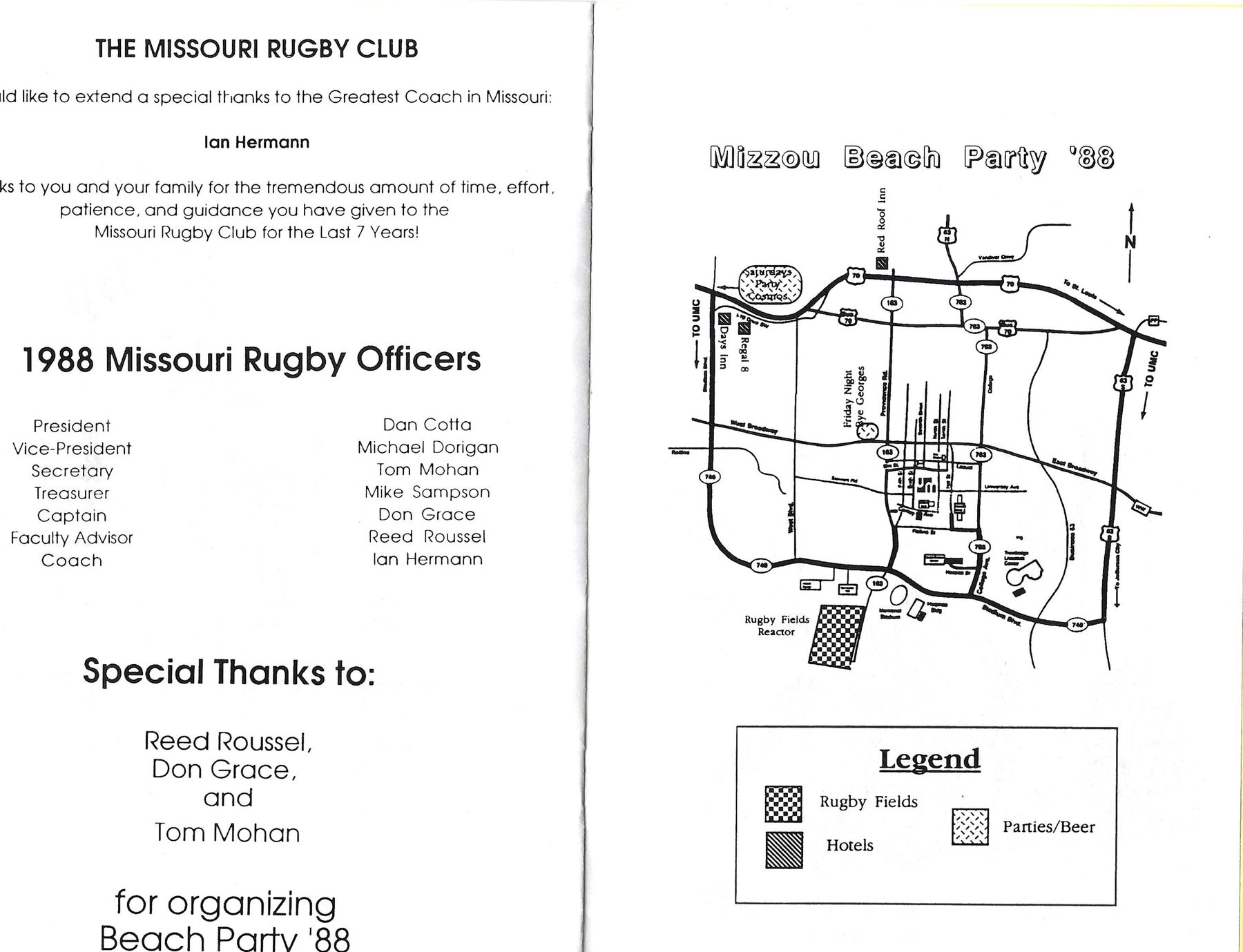 Program spread listing the 1988 Missouri Rugby officers beside a hand-drawn map of Columbia showing the Reactor rugby fields, hotels and party locations