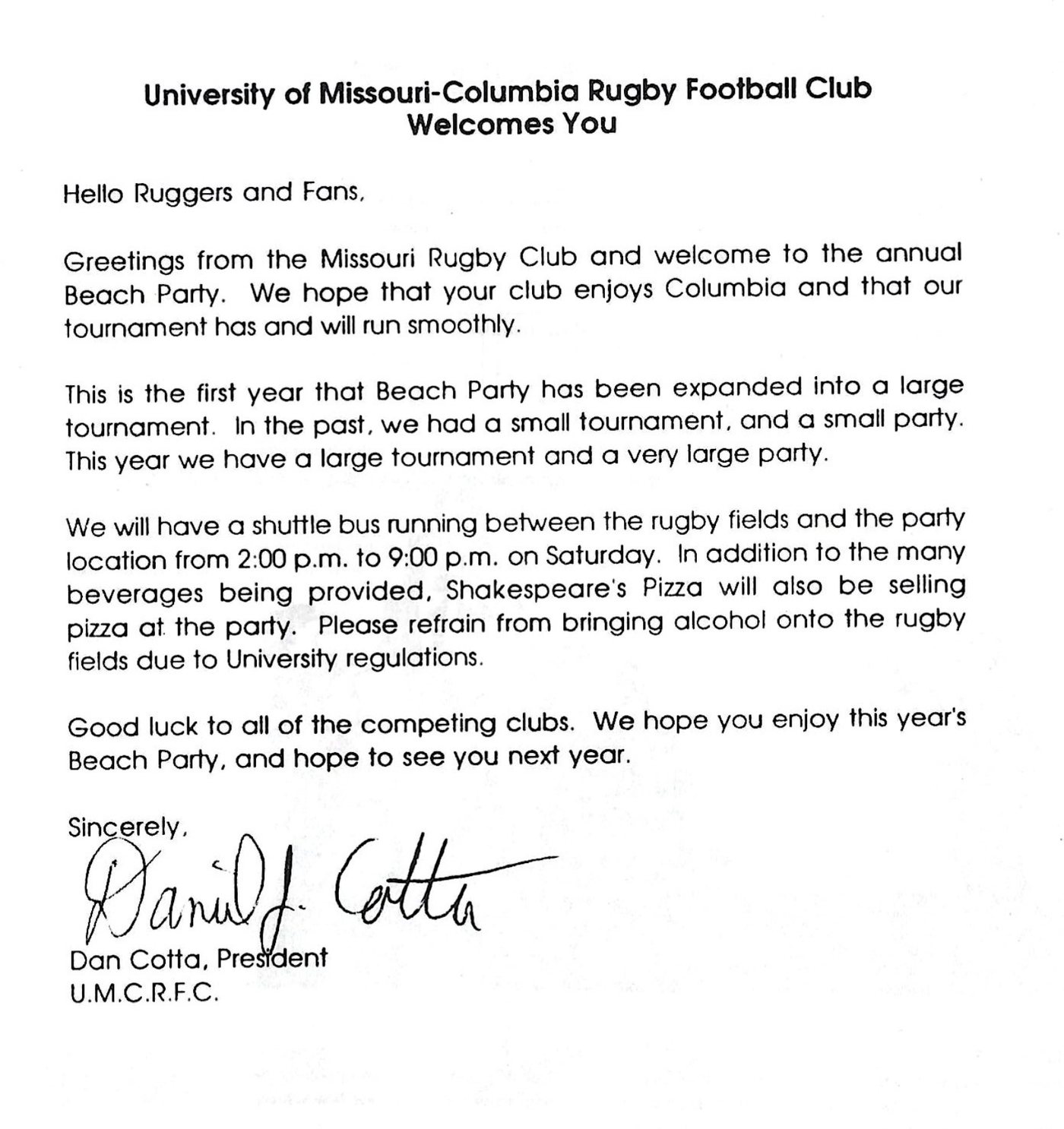 Welcome letter from Dan Cotta, president of the University of Missouri-Columbia Rugby Football Club, in the Beach Party 88 program