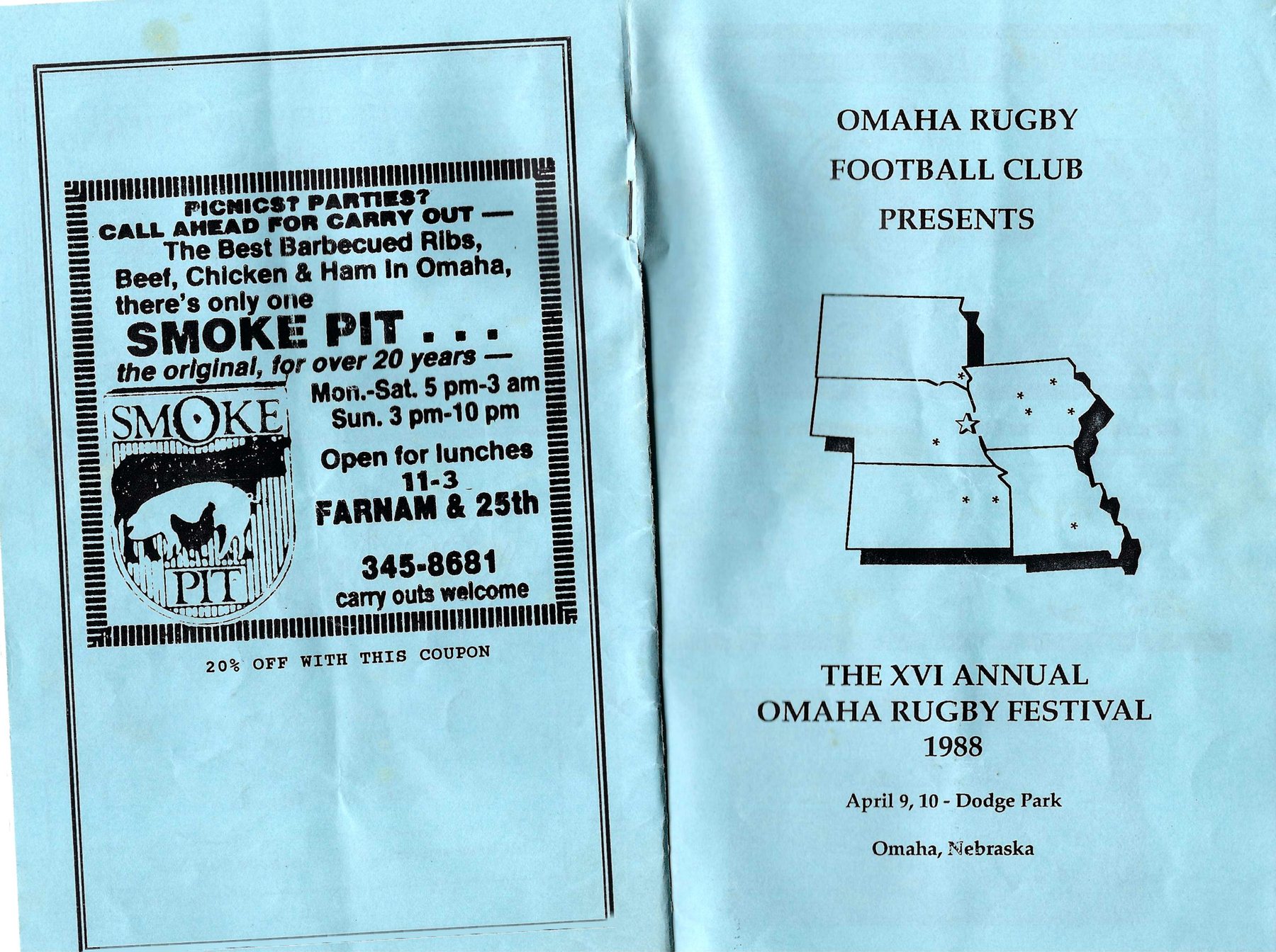 Cover of the XVI Annual Omaha Rugby Festival program, 1988, Dodge Park, Omaha Nebraska