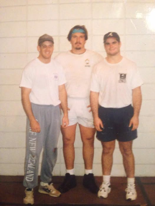 Three Mizzou players in training kit indoors before the club&rsquo;s 1992 New Zealand tour