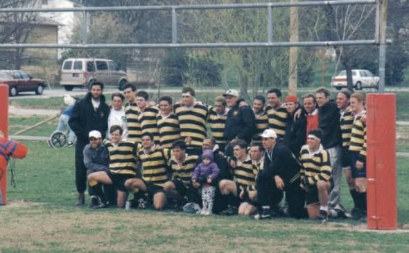 The Mizzou squad lined up behind the posts at the 1997 St. Louis Ruggerfest