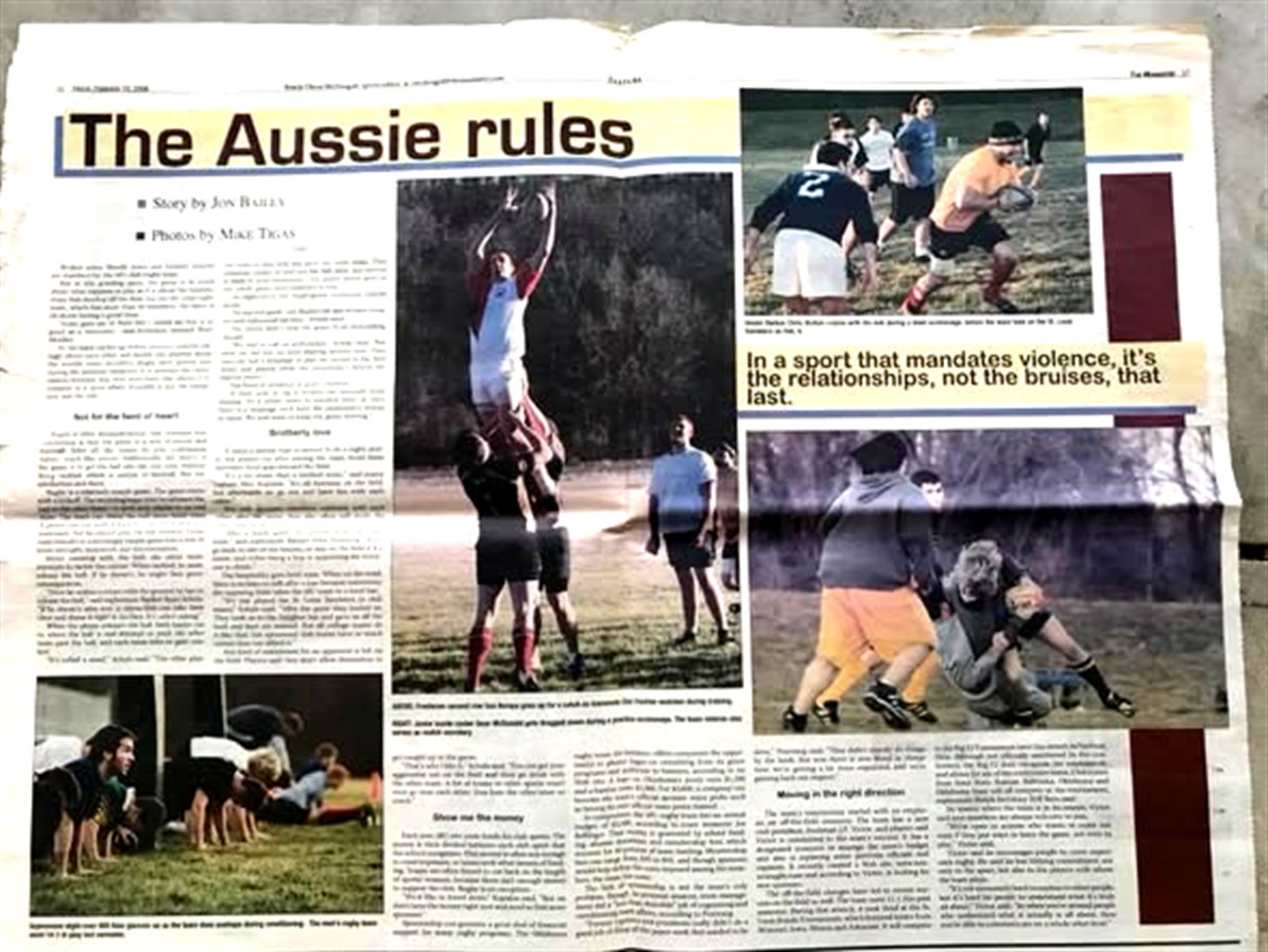 Two-page Maneater feature headlined The Aussie rules, with photographs of Mizzou rugby training