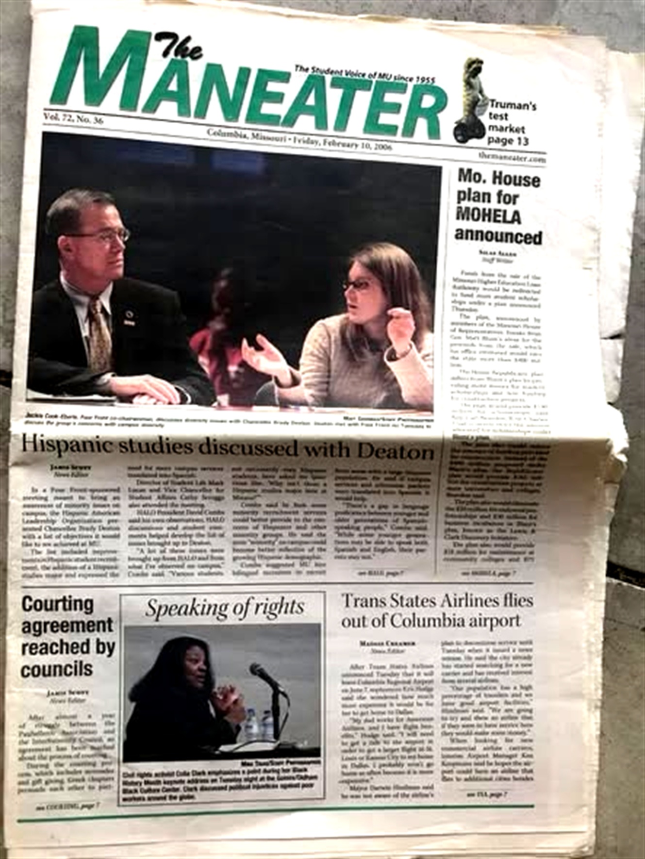 Front page of The Maneater, Volume 72 Number 36, Friday February 10, 2006