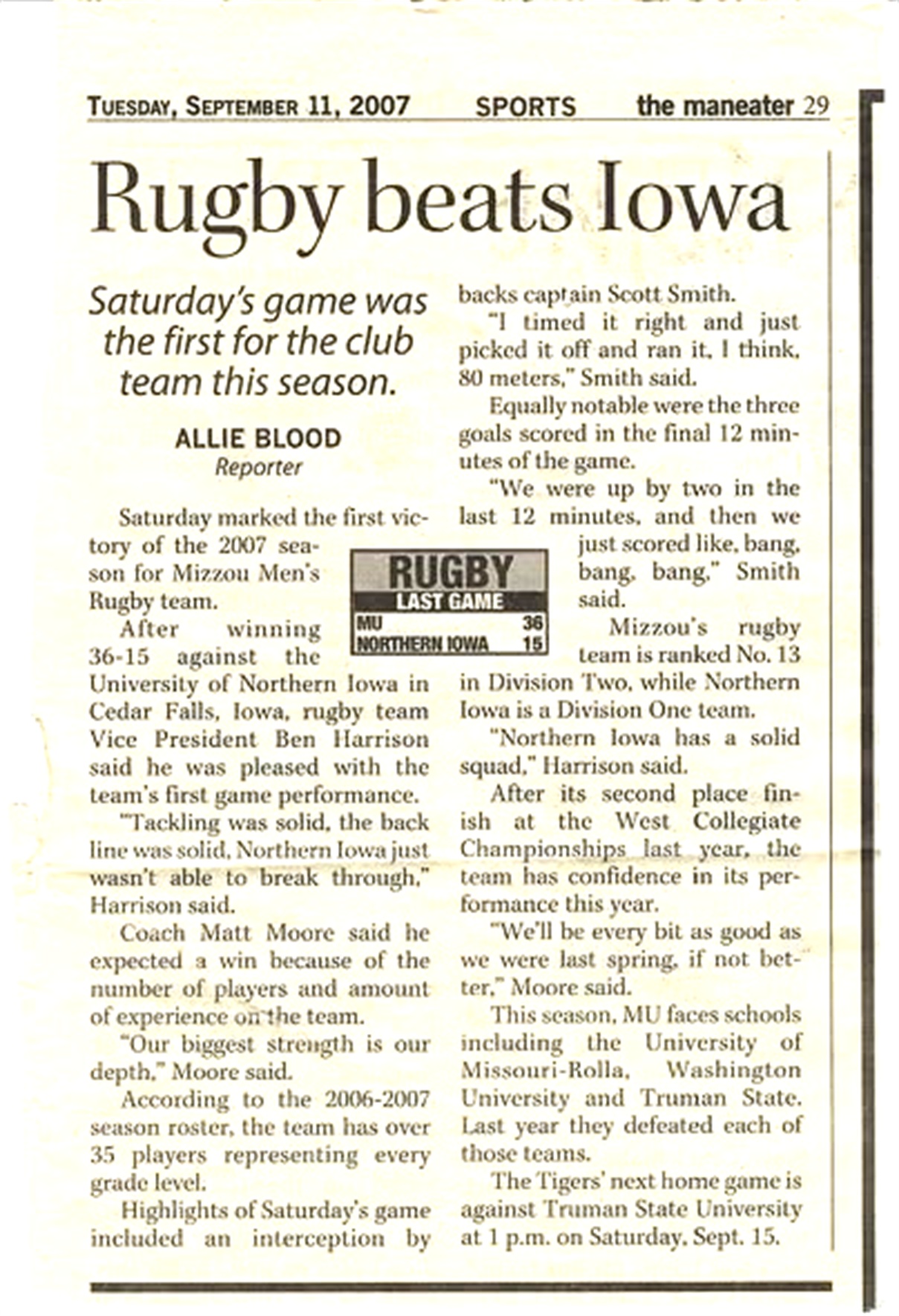 Maneater clipping headlined Rugby beats Iowa, dated Tuesday September 11 2007, reporting a 36-15 win over Northern Iowa