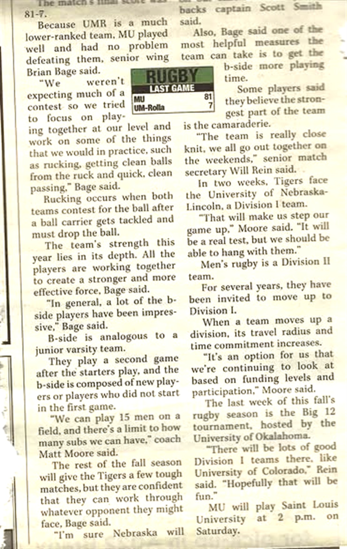 Maneater clipping reporting an 81-7 Mizzou win over UM-Rolla in the 2007 season