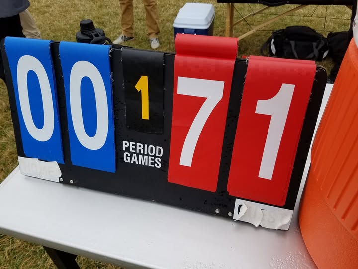 A hand-flipped scoreboard on a folding table at a Mizzou rugby match in 2017
