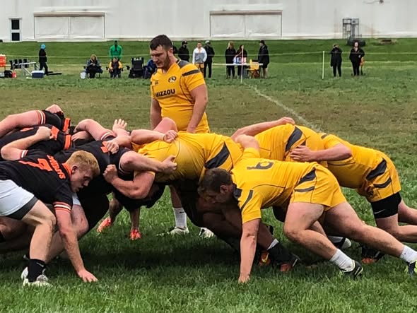 Mizzou forwards in new gold and black kit pack down against Oklahoma State in October 2018