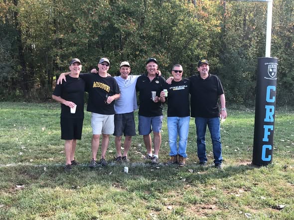 Mizzou rugby old boys gathered at the posts on Old Boys Day 2018