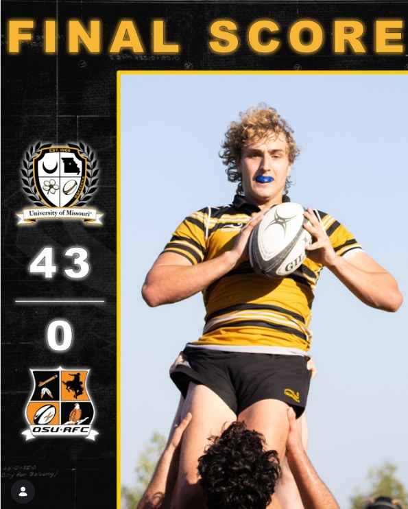 Final score graphic: Mizzou Rugby 43, Oklahoma State AFC 0