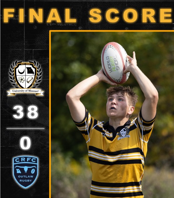 Final score graphic: Mizzou Rugby 38, Columbia Outlaws Rugby 0