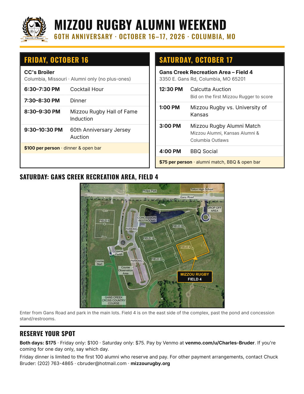 Alumni Weekend 2026 itinerary flier: Friday, October 16 at CC's Broiler (cocktail hour, dinner, Hall of Fame induction, jersey auction) and Saturday, October 17 at Gans Creek Field 4 (Calcutta Auction, Mizzou vs. Kansas, Alumni Match, BBQ social), with a map of Field 4 and reservation details