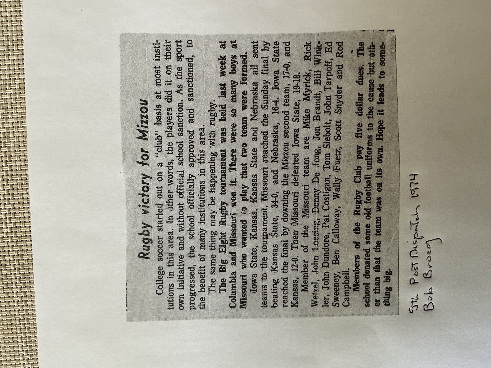 St. Louis Post-Dispatch clipping headlined Rugby victory for Mizzou, on Missouri winning the Big Eight rugby tournament in 1974