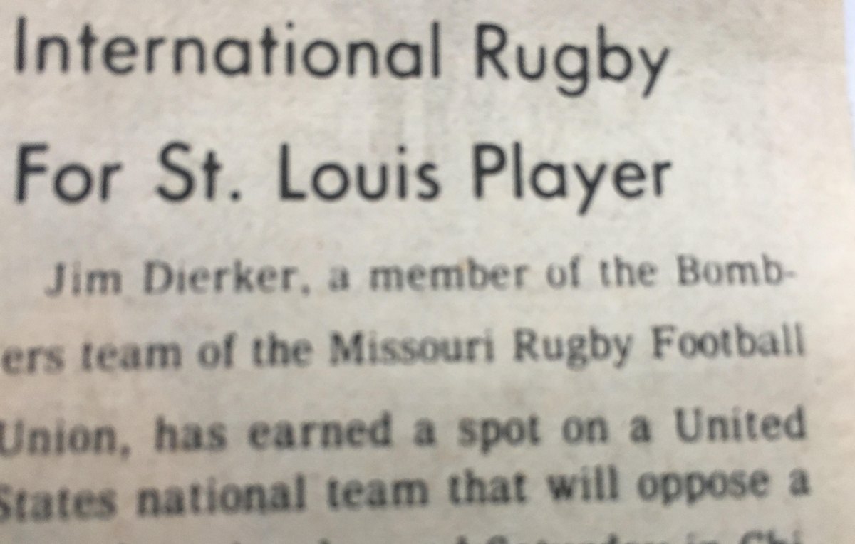 Newspaper clipping headlined International Rugby For St. Louis Player, reporting Jim Dierker's selection for the United States national team