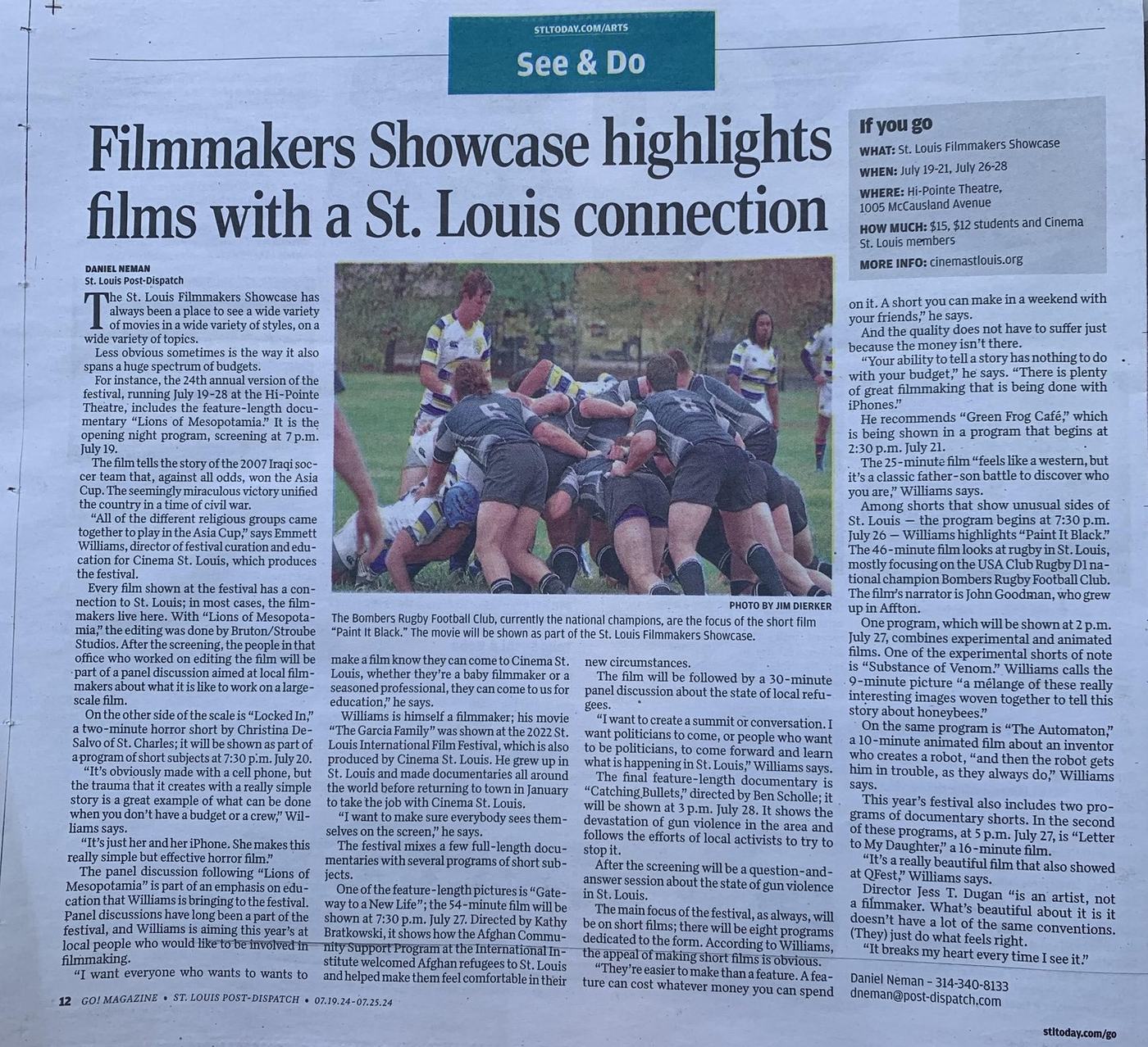 St. Louis Post-Dispatch feature on the 2024 St. Louis Filmmakers Showcase, illustrated with a photograph of a rugby scrum credited to Jim Dierker