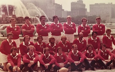 The 1976 United States Eagles squad in red jerseys photographed at Buckingham Fountain in Chicago, Jim Dierker second from left in the back row
