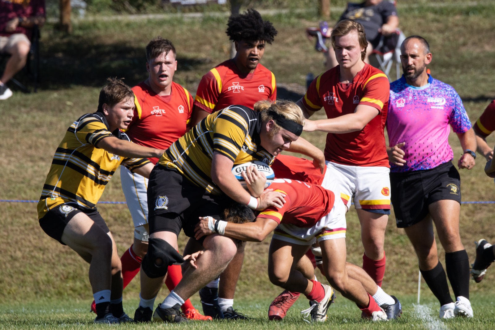 Mizzou forwards drive a maul forward against Iowa State