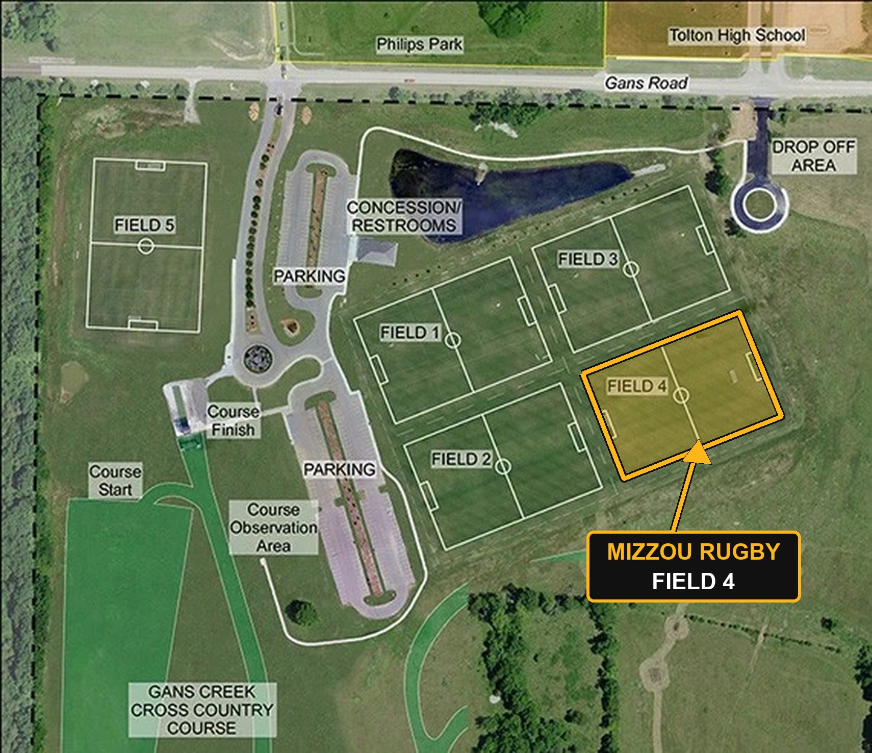 Aerial map of Gans Creek Recreation Area off Gans Road, with Field 4 highlighted in gold on the east side of the complex, southeast of the pond and concession stand