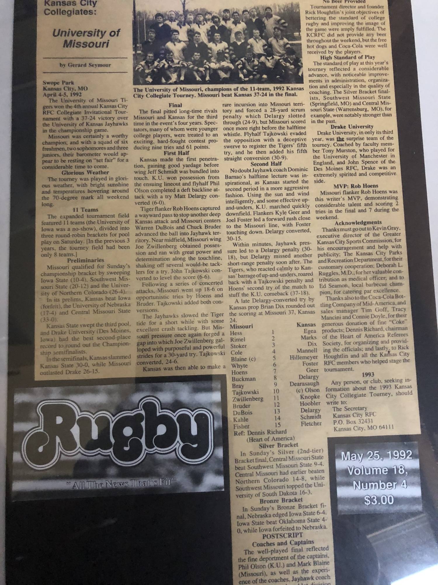 Rugby magazine page reporting Missouri's win at the 1992 Kansas City Collegiate tournament, with a team photograph and the full Missouri lineup