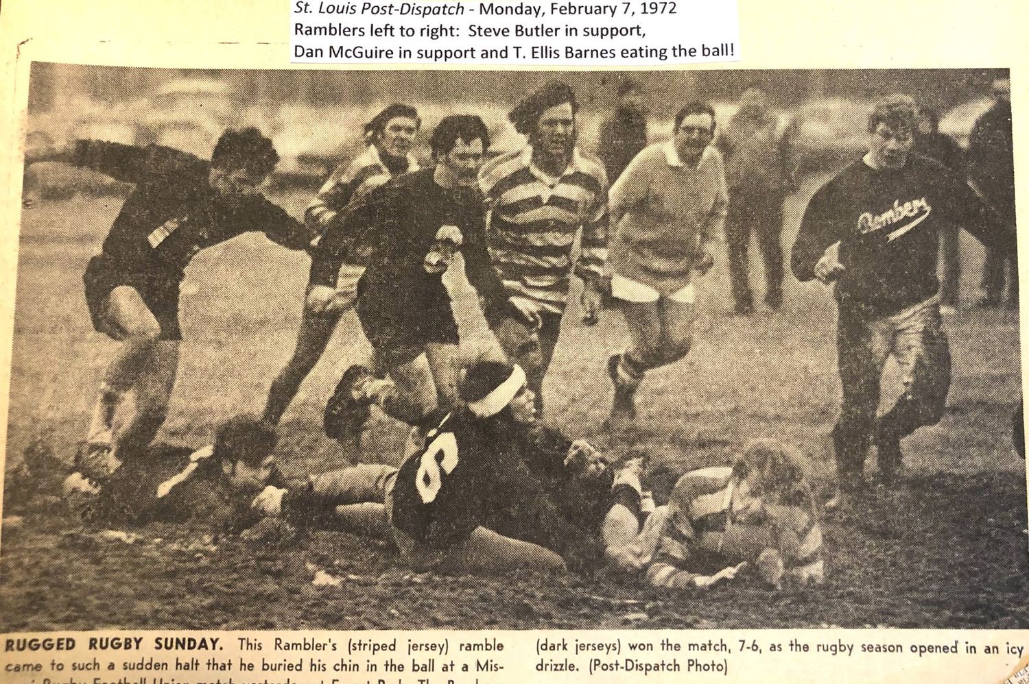 St. Louis Post-Dispatch photograph headlined Rugged Rugby Sunday, showing a Ramblers player buried in the ball during a Missouri Rugby Football Union match at Forest Park in 1972