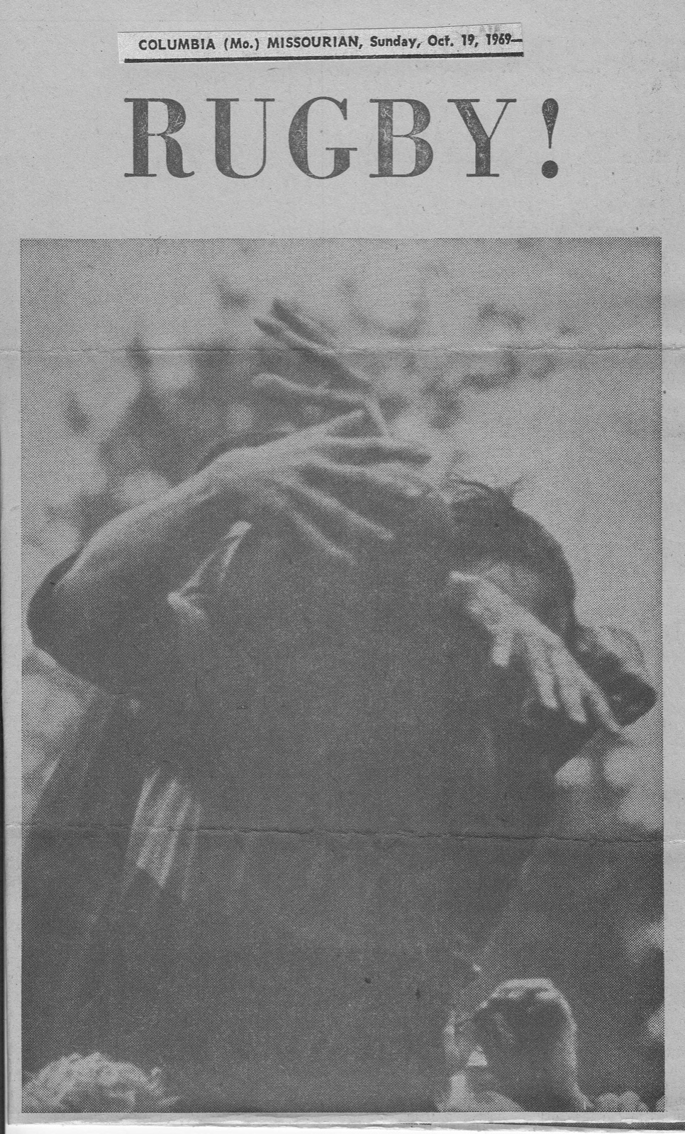 Front page of the Columbia Missourian's RUGBY! photo feature, October 19, 1969