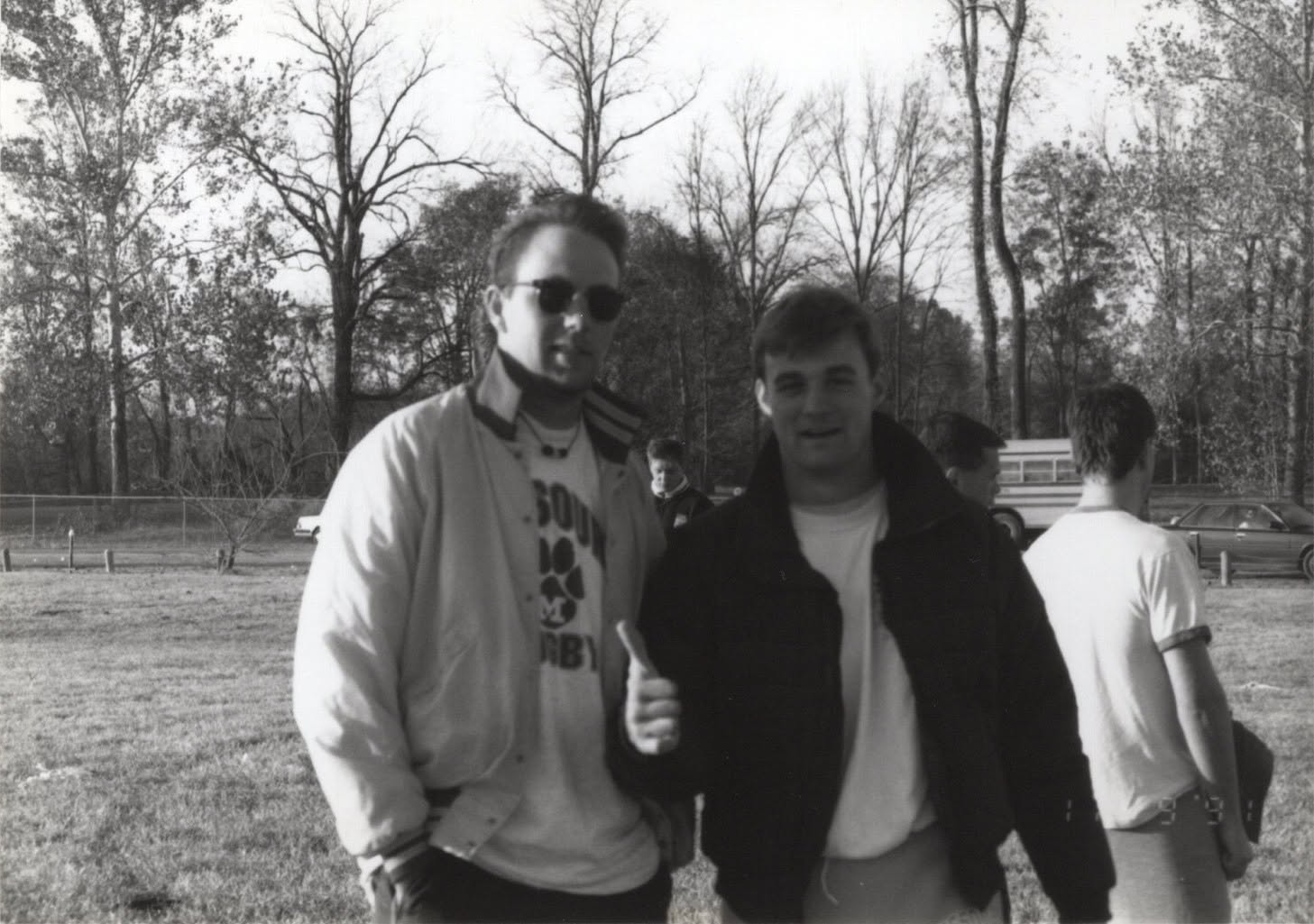Chris Justice and Pete Fisher on the touchline, black and white photograph