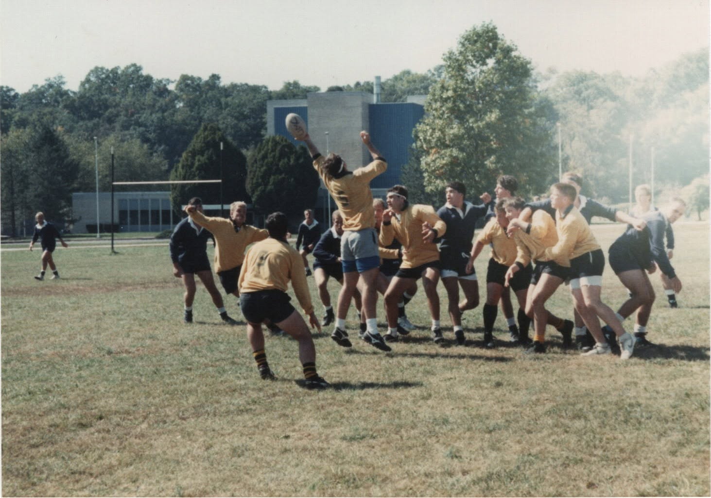 Players jump for the ball at a lineout, one side in gold