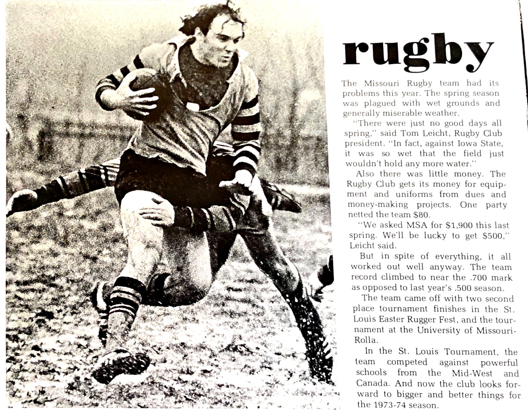 Savitar yearbook page headed rugby, with a column of text and a photograph of a Mizzou player being tackled while carrying the ball on a muddy field