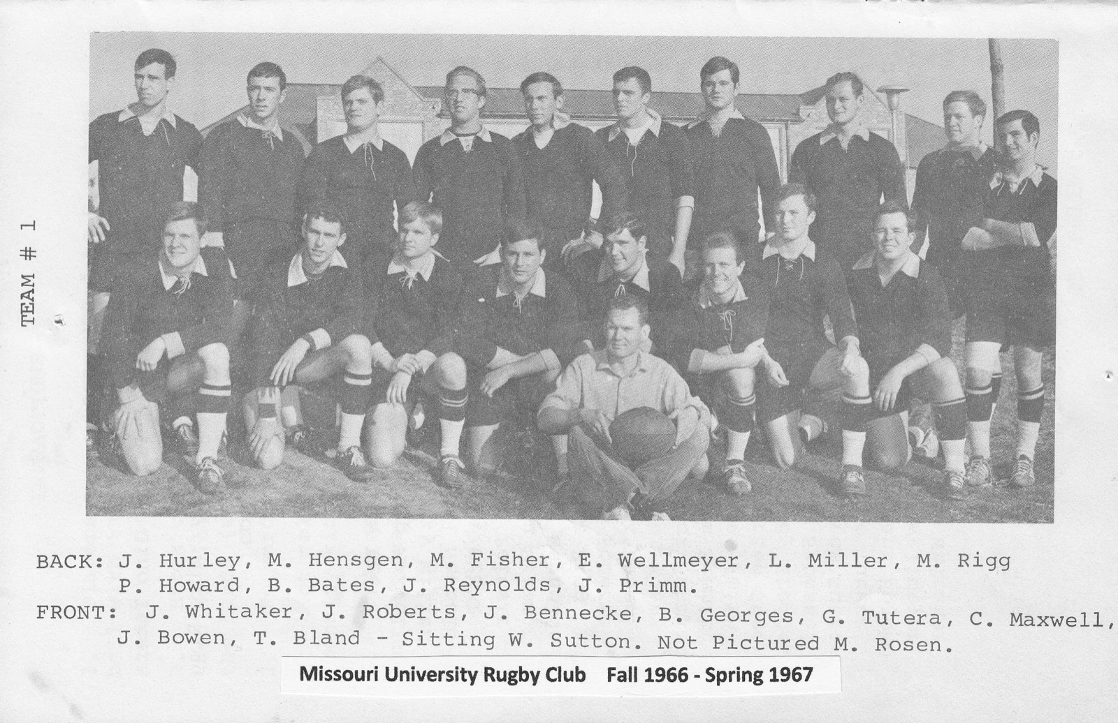 Missouri University Rugby Club Team 1 photo, Fall 1966 to Spring 1967, with player names printed beneath