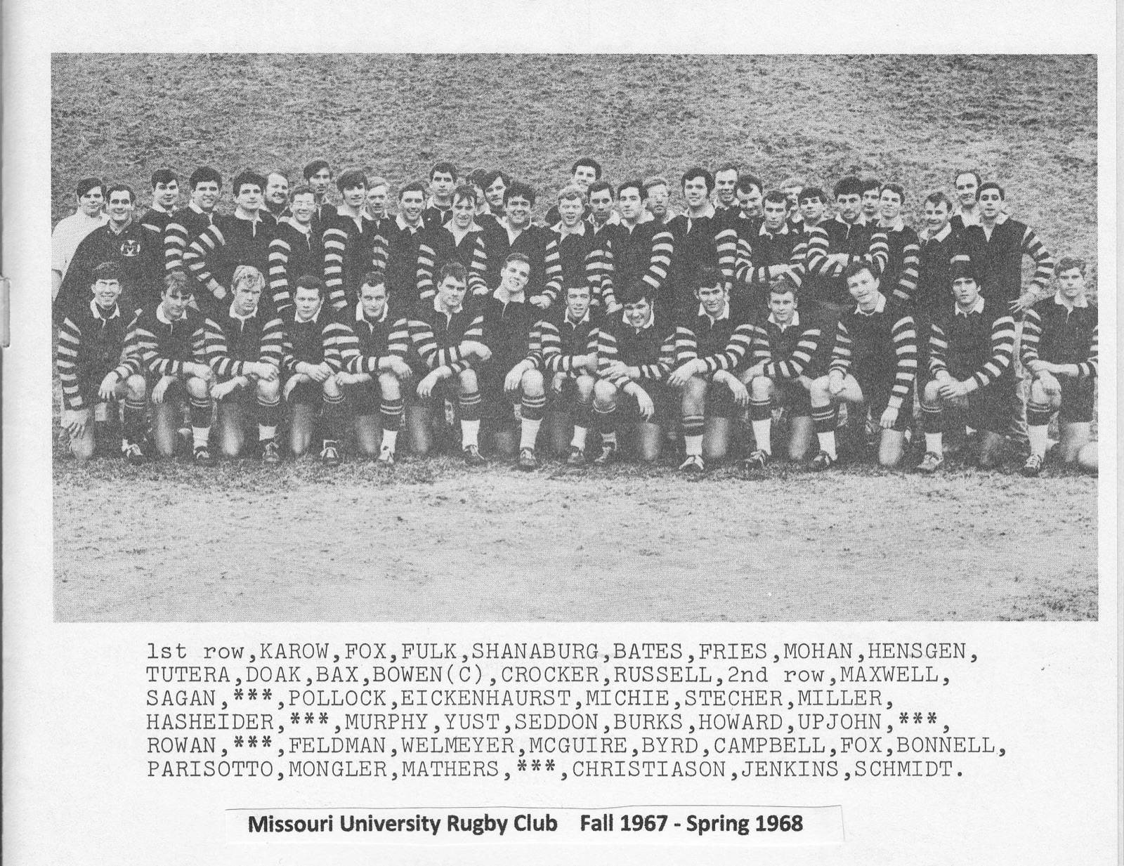 Missouri University Rugby Club team photo, Fall 1967 to Spring 1968, with player names printed beneath