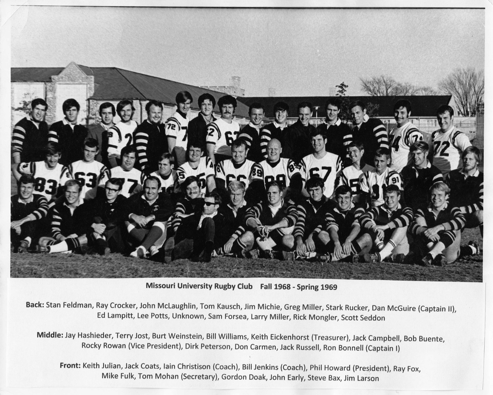 Missouri University Rugby Club team photo, Fall 1968 to Spring 1969, with player names and club officers printed beneath