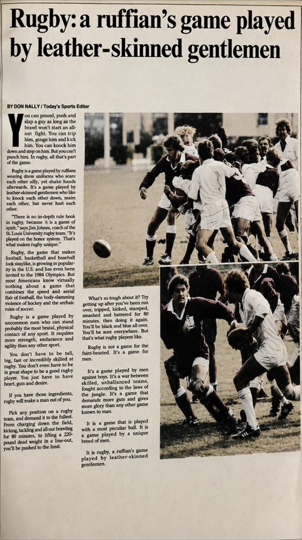 Newspaper feature headlined Rugby: a ruffian's game played by leather-skinned gentlemen, with two color photographs of St. Louis Bombers match action